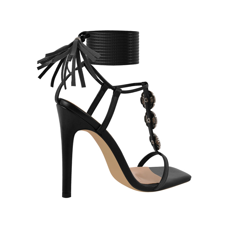 Square Toe Flower T-Strap Lace-up Sandals