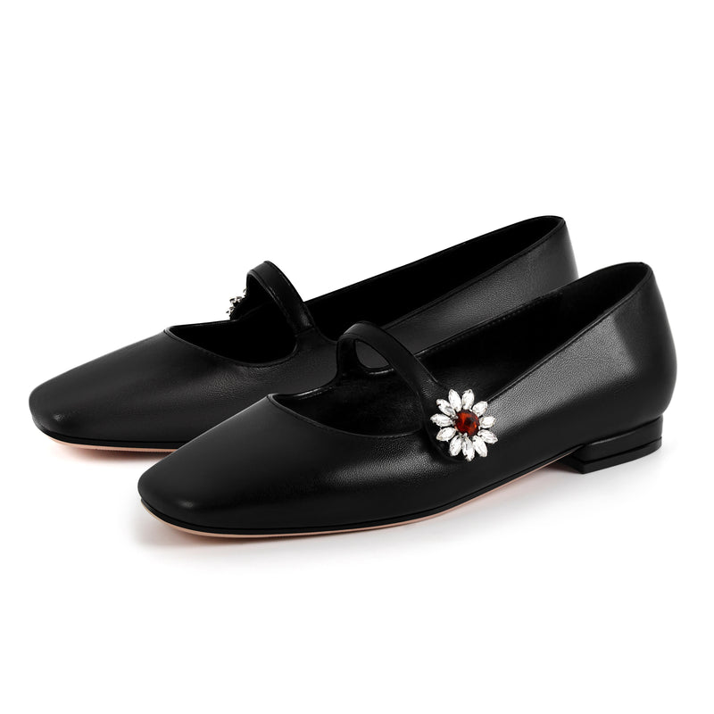 Square Toe Rhinestone Buckle Strap Flats