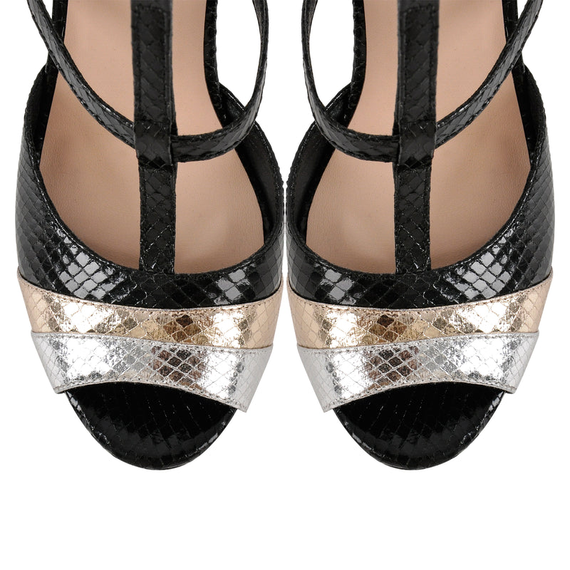 Peep Toe Platform T-Strap Snake Pattern Pumps