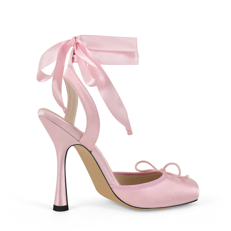 Square Toe Bow Satin Ankle Strap Pumps