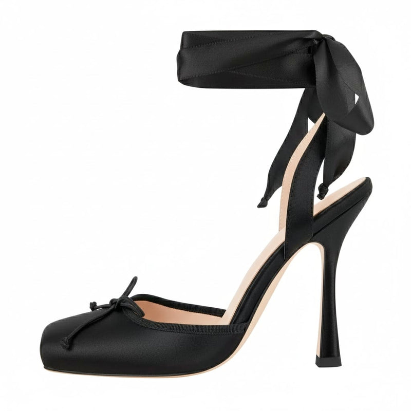 Square Toe Bow Satin Ankle Strap Pumps