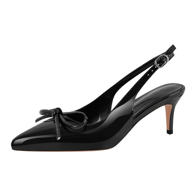Bow Pointed Toe Patent Leather Slingback Pumps
