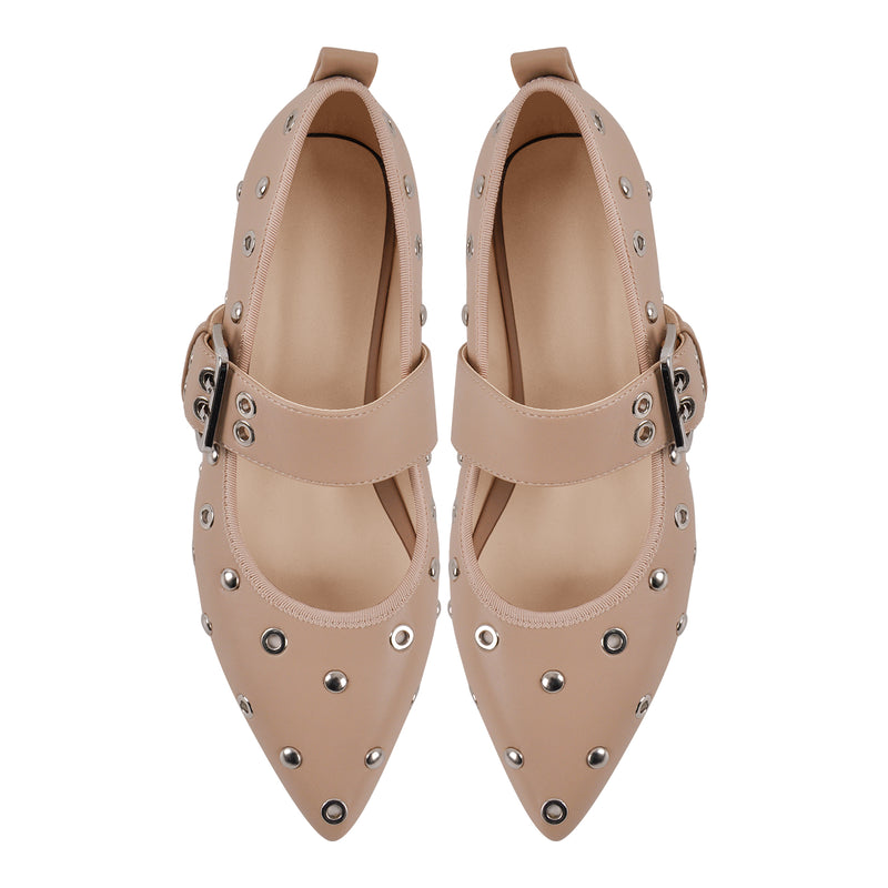 Pointed Toe Rivet Buckle Strap Flats