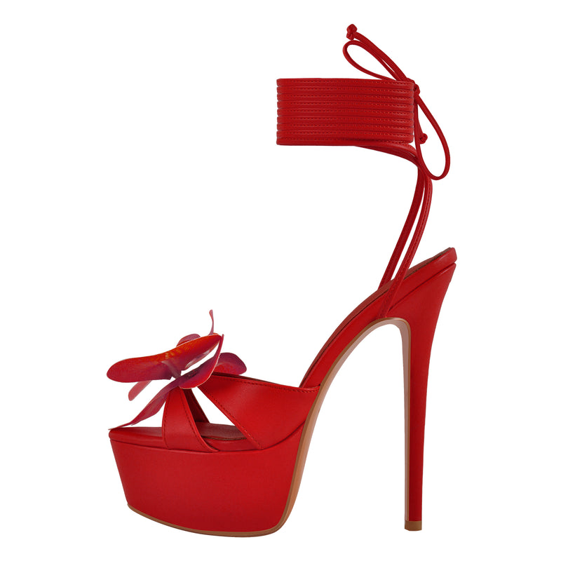 Round Toe Flower Platform Lace-up Stiletto Sandals