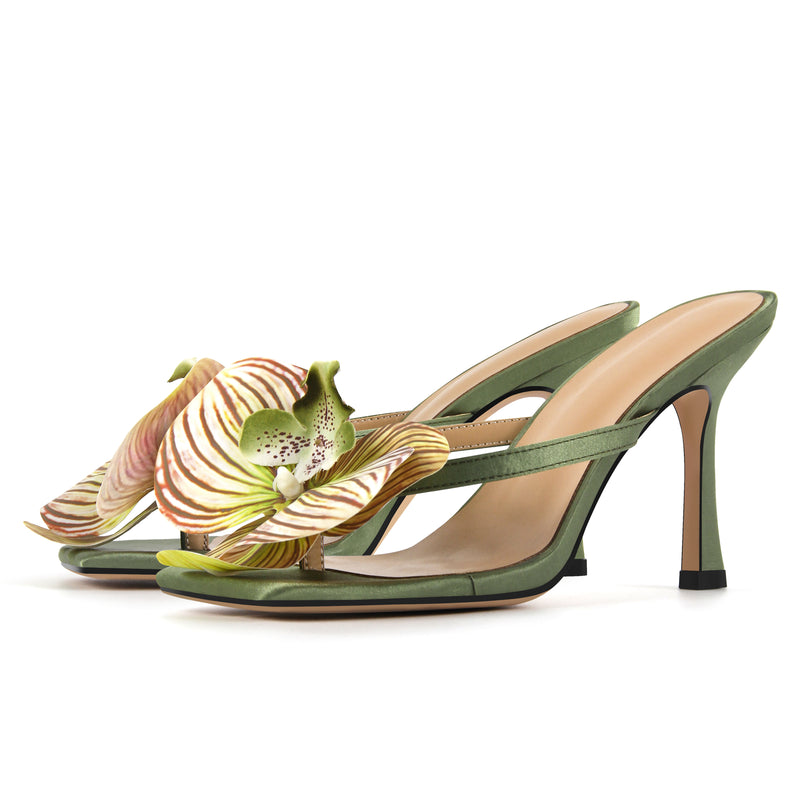 Sqaure Toe Flower Thong Mules