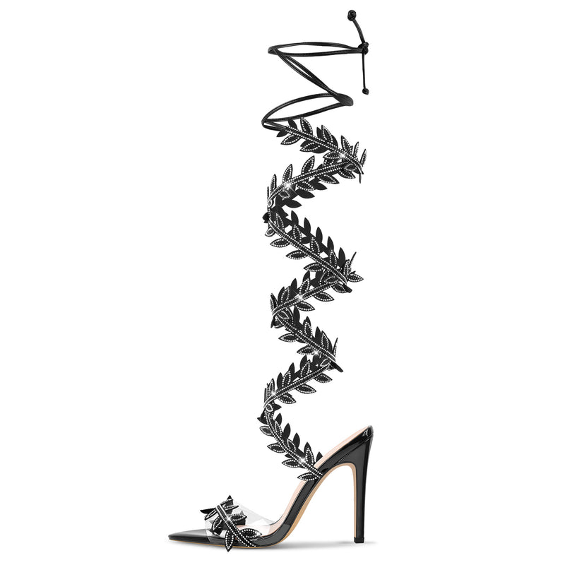 Pointed Toe Clear Rhinestone Strappy Lace-up Sandals