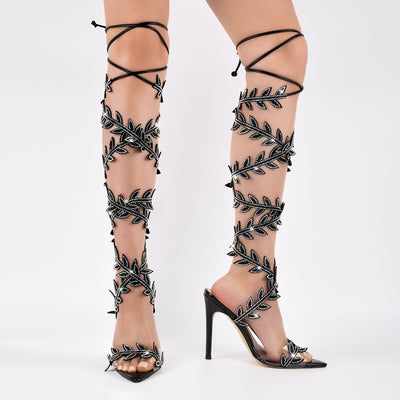 Pointed Toe Clear Rhinestone Strappy Lace-up Sandals