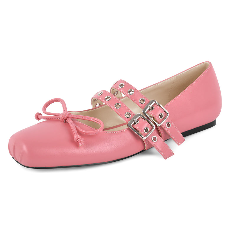 Square Toe Bow Buckle Strap Ballet Flats