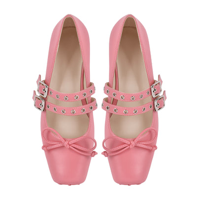 Square Toe Bow Buckle Strap Ballet Flats