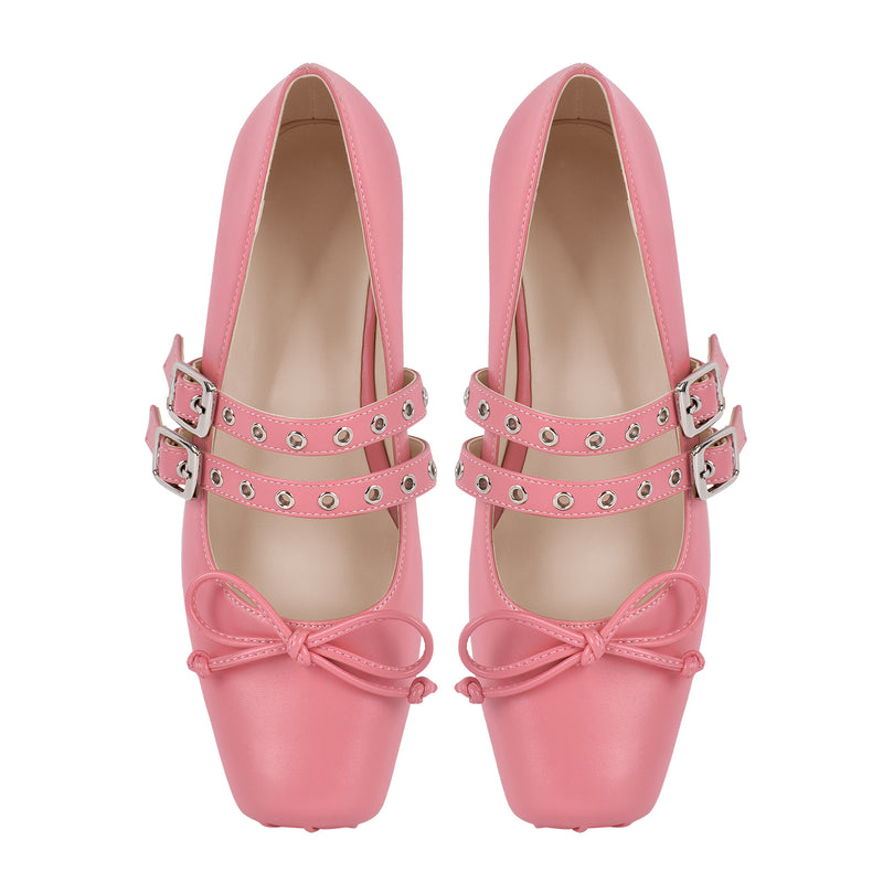 Square Toe Bow Buckle Strap Ballet Flats