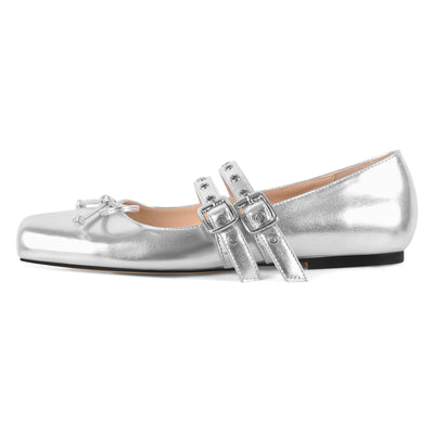 Square Toe Bow Buckle Strap Ballet Flats