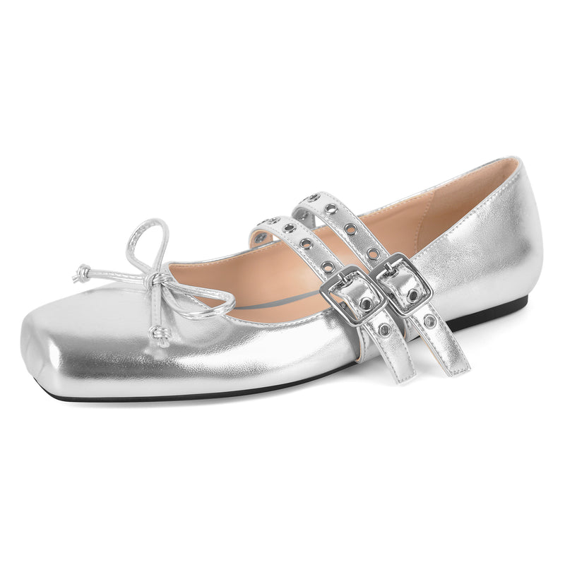 Square Toe Bow Buckle Strap Ballet Flats