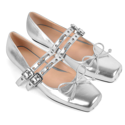 Square Toe Bow Buckle Strap Ballet Flats