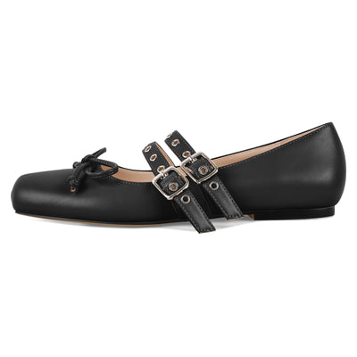 Square Toe Bow Buckle Strap Ballet Flats