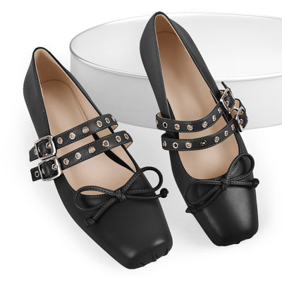 Square Toe Bow Buckle Strap Ballet Flats