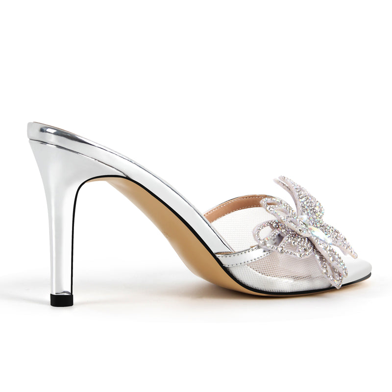 Round Toe Mesh Rhinestone Butterfly Sandals Mules