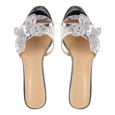 Round Toe Mesh Rhinestone Butterfly Sandals Mules