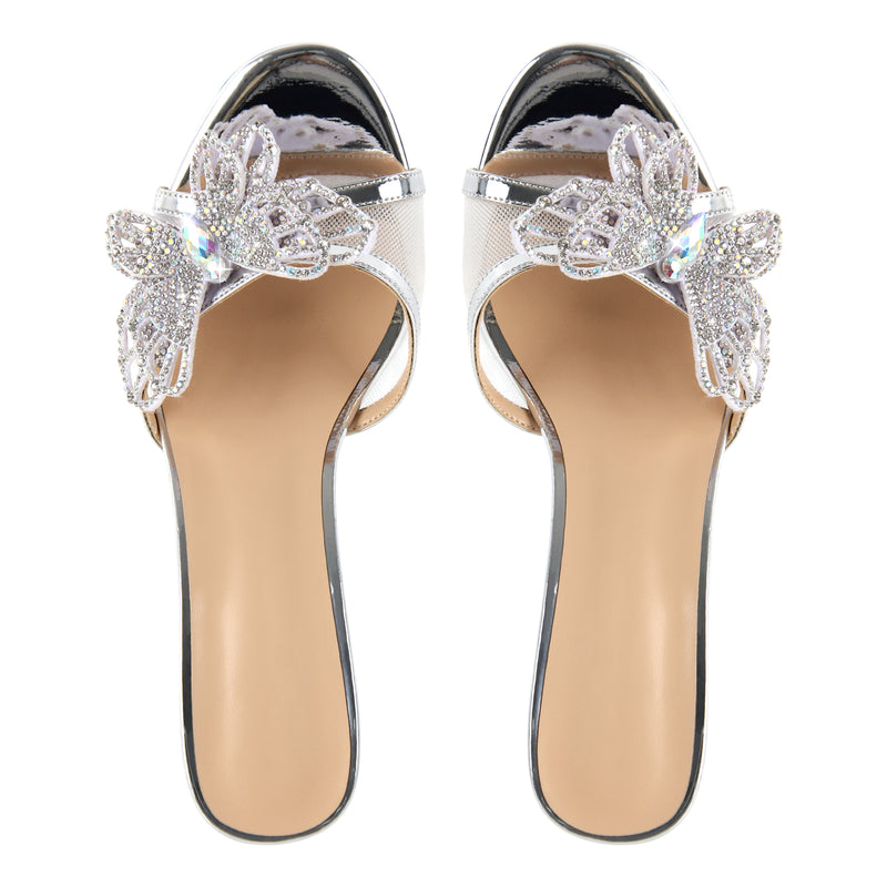 Round Toe Mesh Rhinestone Butterfly Sandals Mules