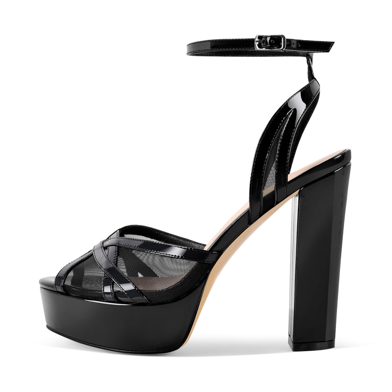 Platform Mesh Ankle Strap Chunky Heel Sandals