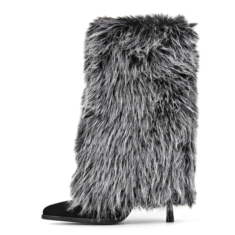 Fur Pointed Toe Stiletto Mid-Calf Boots