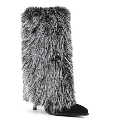 Fur Pointed Toe Stiletto Mid-Calf Boots