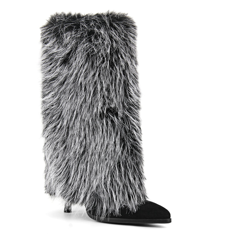 Fur Pointed Toe Stiletto Mid-Calf Boots