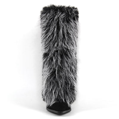 Fur Pointed Toe Stiletto Mid-Calf Boots