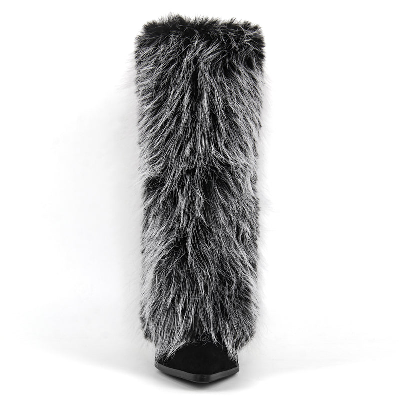 Fur Pointed Toe Stiletto Mid-Calf Boots