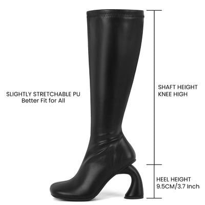 Square Toe Chunky Curved Heel Knee High Boots