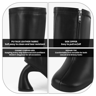 Square Toe Chunky Curved Heel Knee High Boots