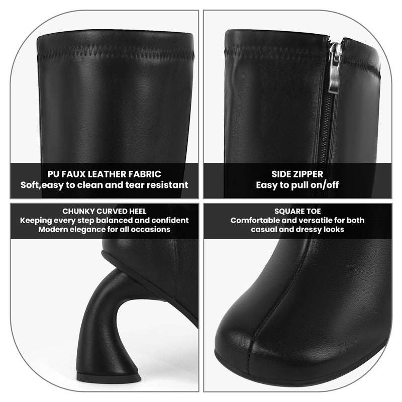 Square Toe Chunky Curved Heel Knee High Boots