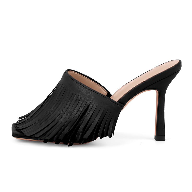 Square Toe Fringe Stiletto Mules