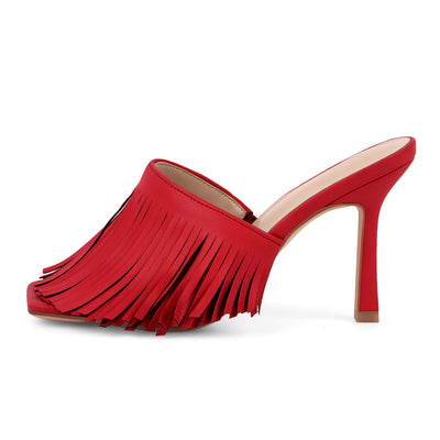 Square Toe Fringe Stiletto Mules