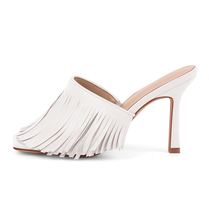 Square Toe Fringe Stiletto Mules