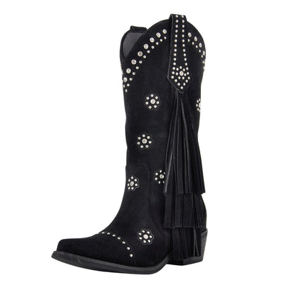 Suede Fringe & Stud Mid-Calf Western Boots