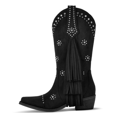 Suede Fringe & Stud Mid-Calf Western Boots