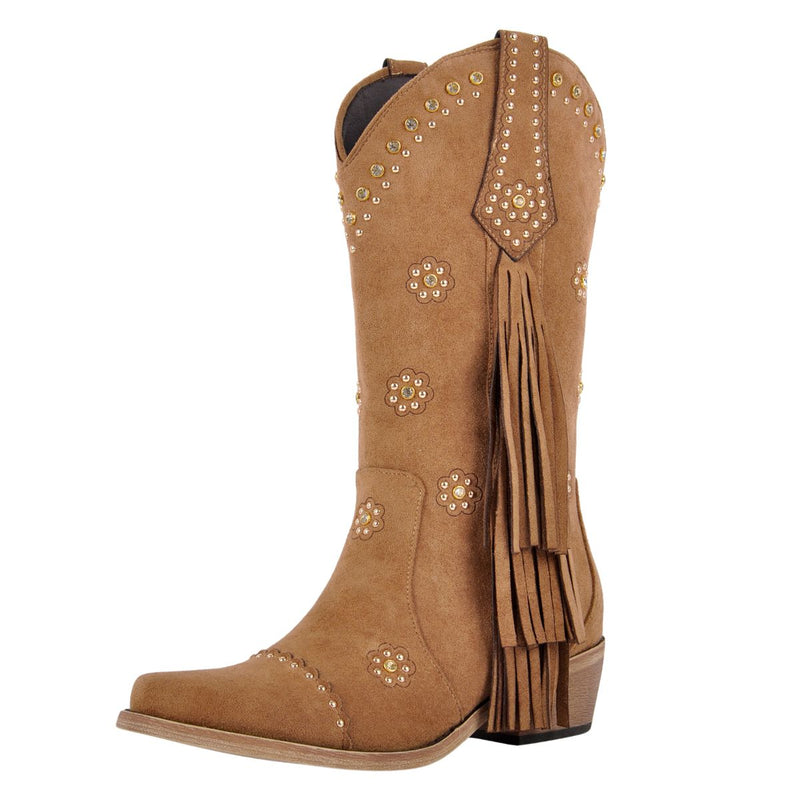 Suede Fringe & Stud Mid-Calf Western Boots