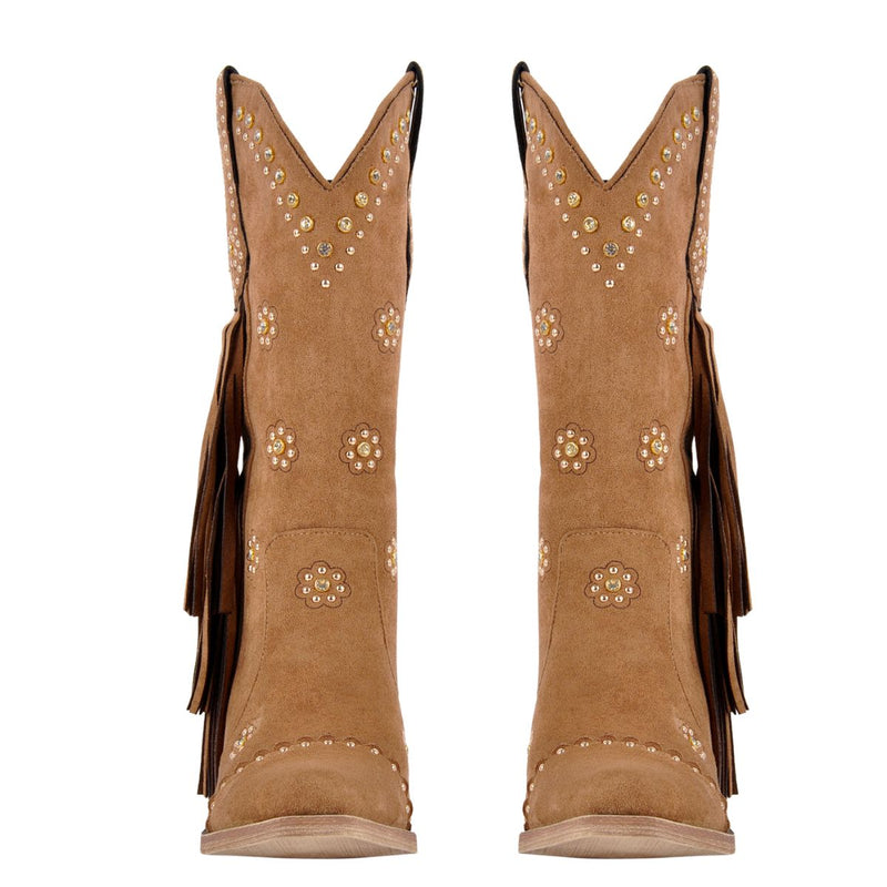 Suede Fringe & Stud Mid-Calf Western Boots