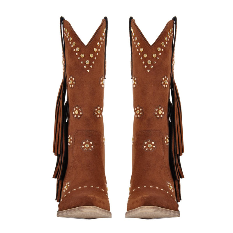 Suede Fringe & Stud Mid-Calf Western Boots