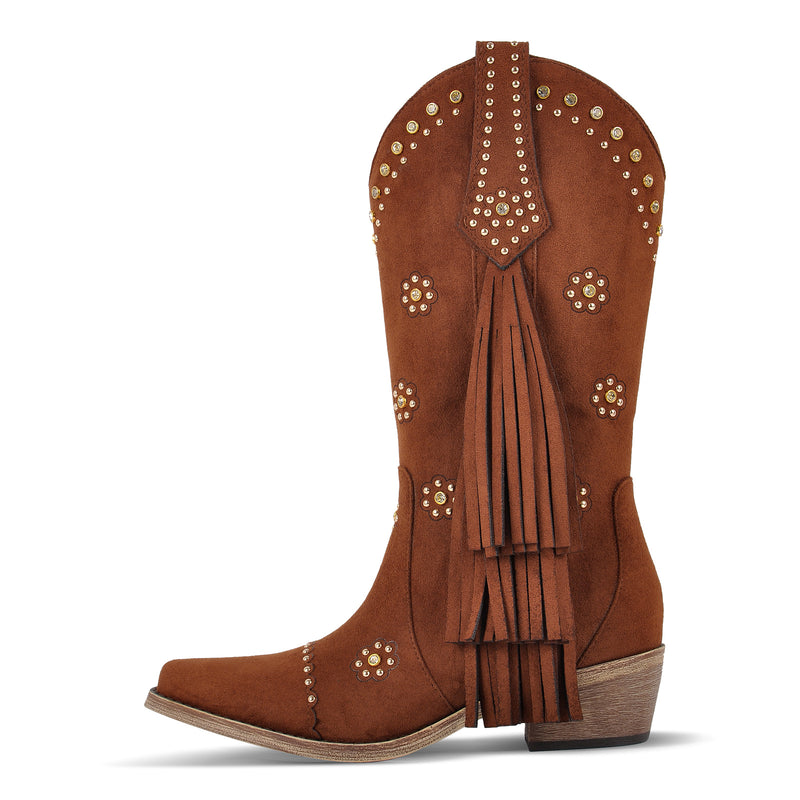 Suede Fringe & Stud Mid-Calf Western Boots