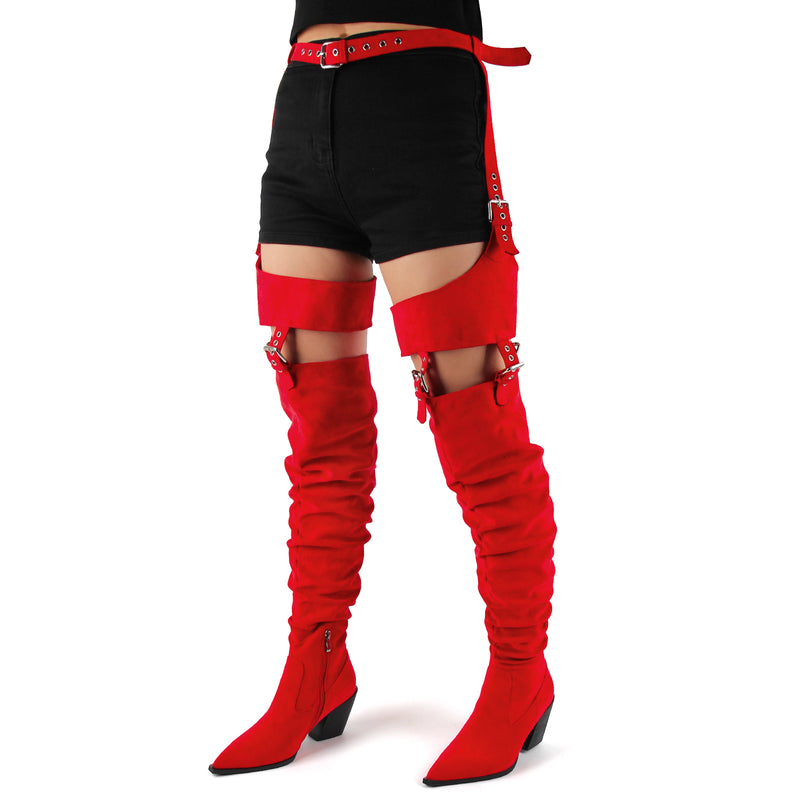 Suede Pleated Multi Buckle Chunky Heel Pant Boots