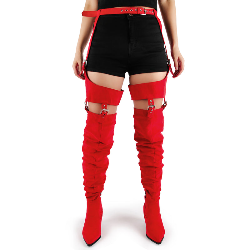 Suede Pleated Multi Buckle Chunky Heel Pant Boots