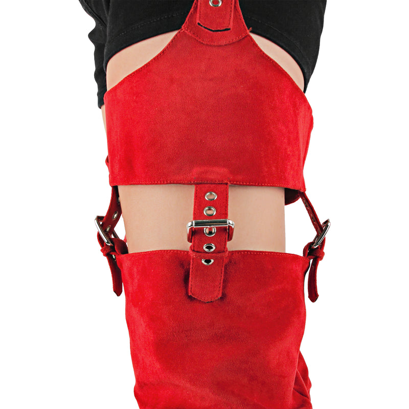 Suede Pleated Multi Buckle Chunky Heel Pant Boots