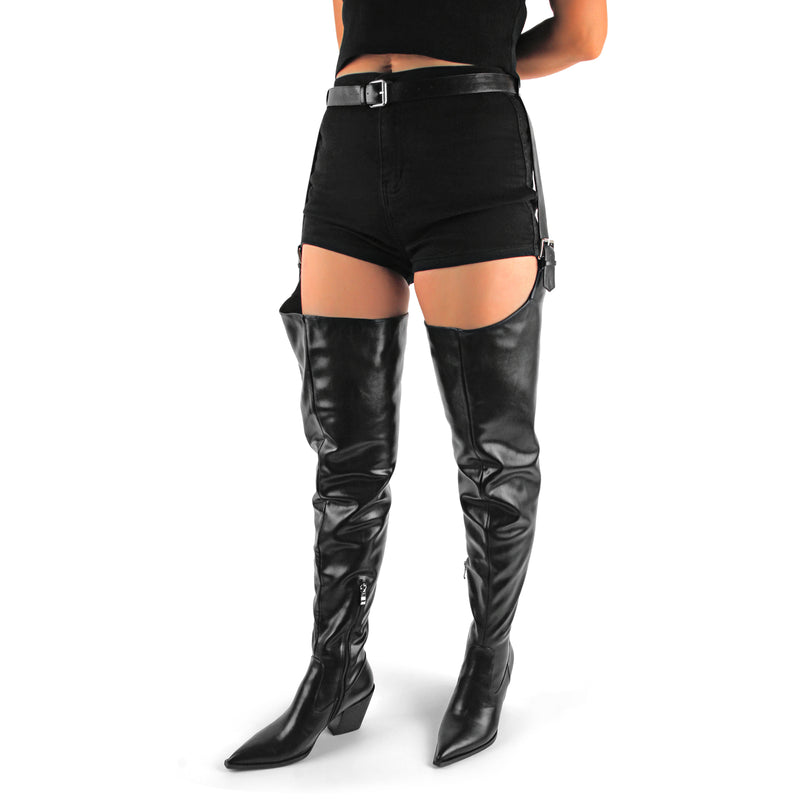 Pointed Toe Buckle Chunky Heel Pant Boots