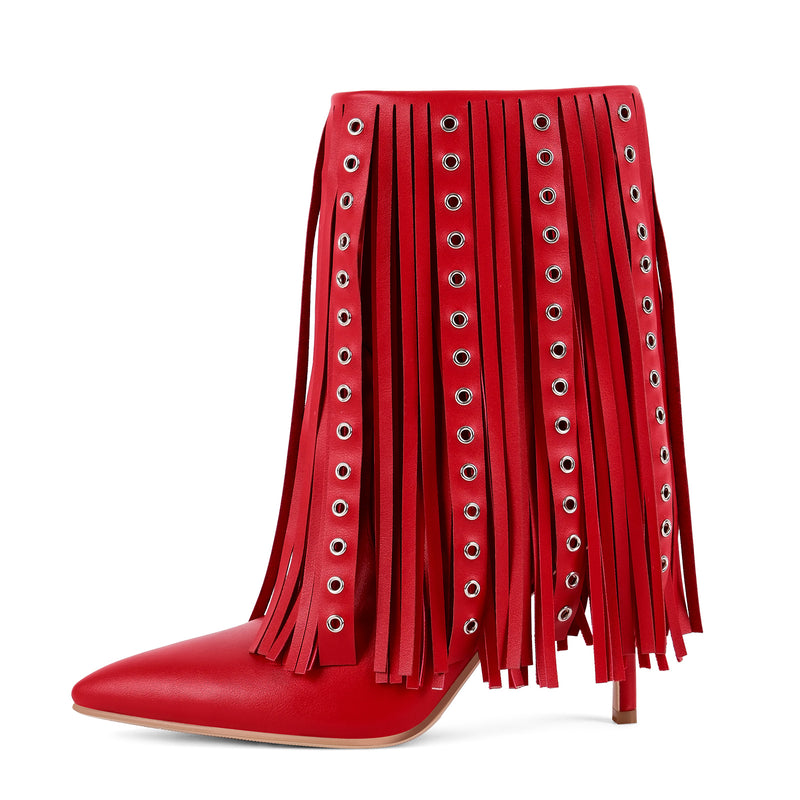 Pointed Toe Fringe Stud Stiletto Ankle Boots