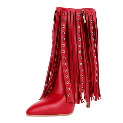 Pointed Toe Fringe Stud Stiletto Ankle Boots