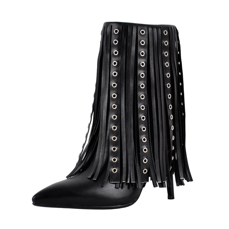 Pointed Toe Fringe Stud Stiletto Ankle Boots