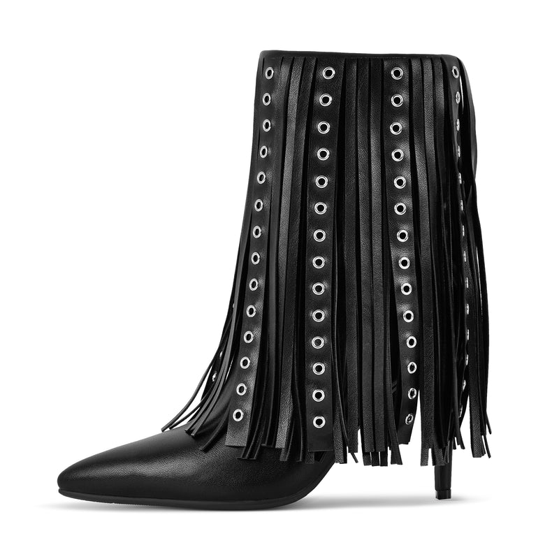 Pointed Toe Fringe Stud Stiletto Ankle Boots