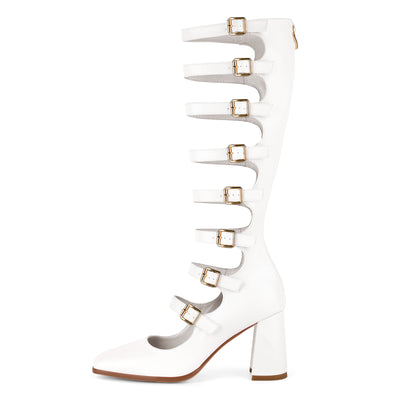 Square Toe Multi Buckle Strap Knee High Boots