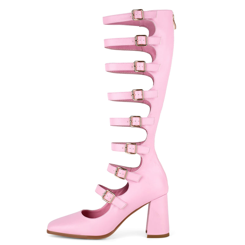 Square Toe Multi Buckle Strap Knee High Boots